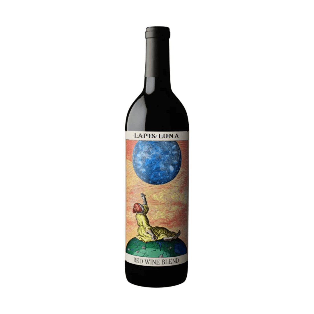 Bottle of Lapis Luna Red Blend 2021 wine with artistic label, showcasing a bold California proprietary blend, 750ml.