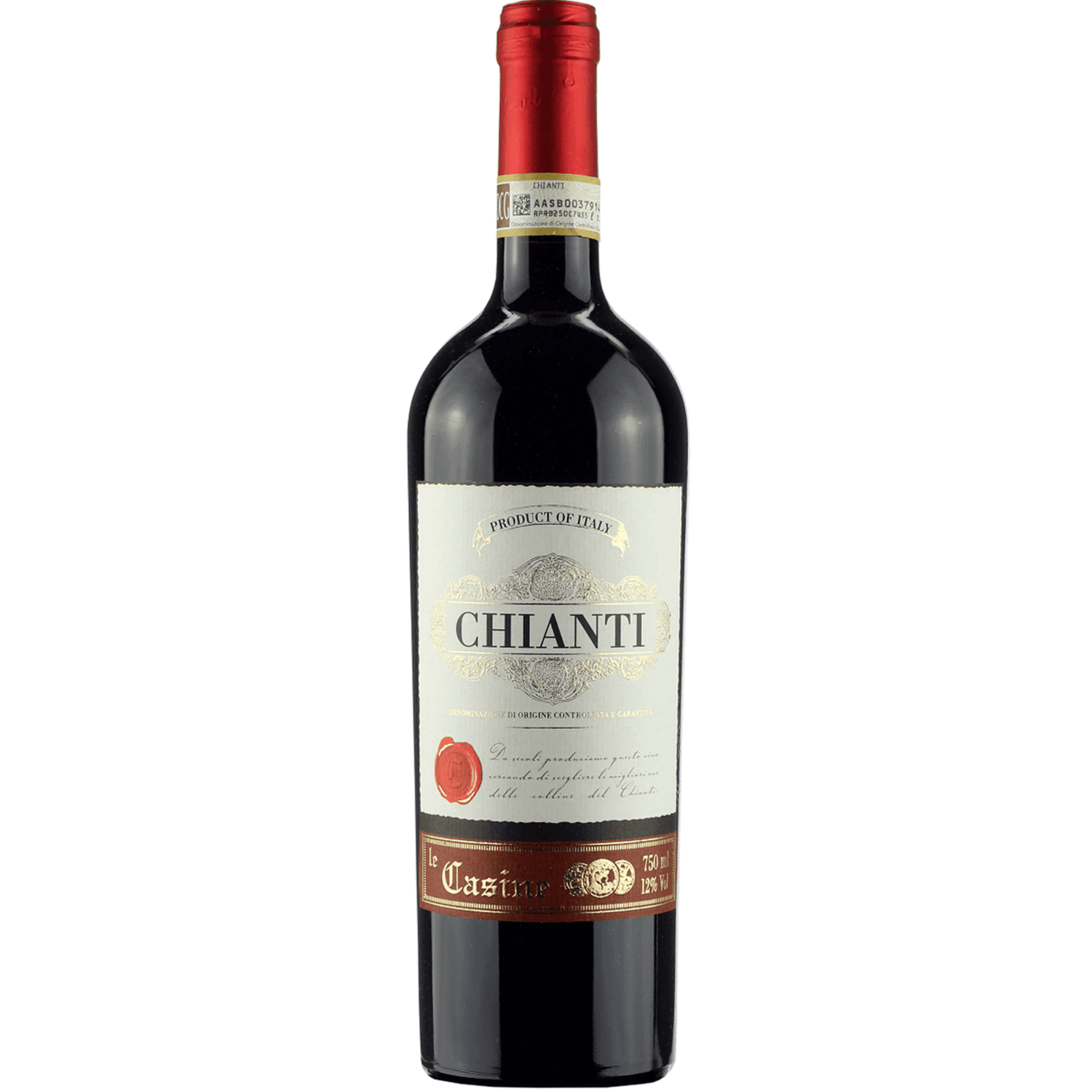 Bottle of Le Casine Chianti DOCG 750ml with red label and cork, a classic Tuscan red wine from Chianti, Tuscany, Italy
