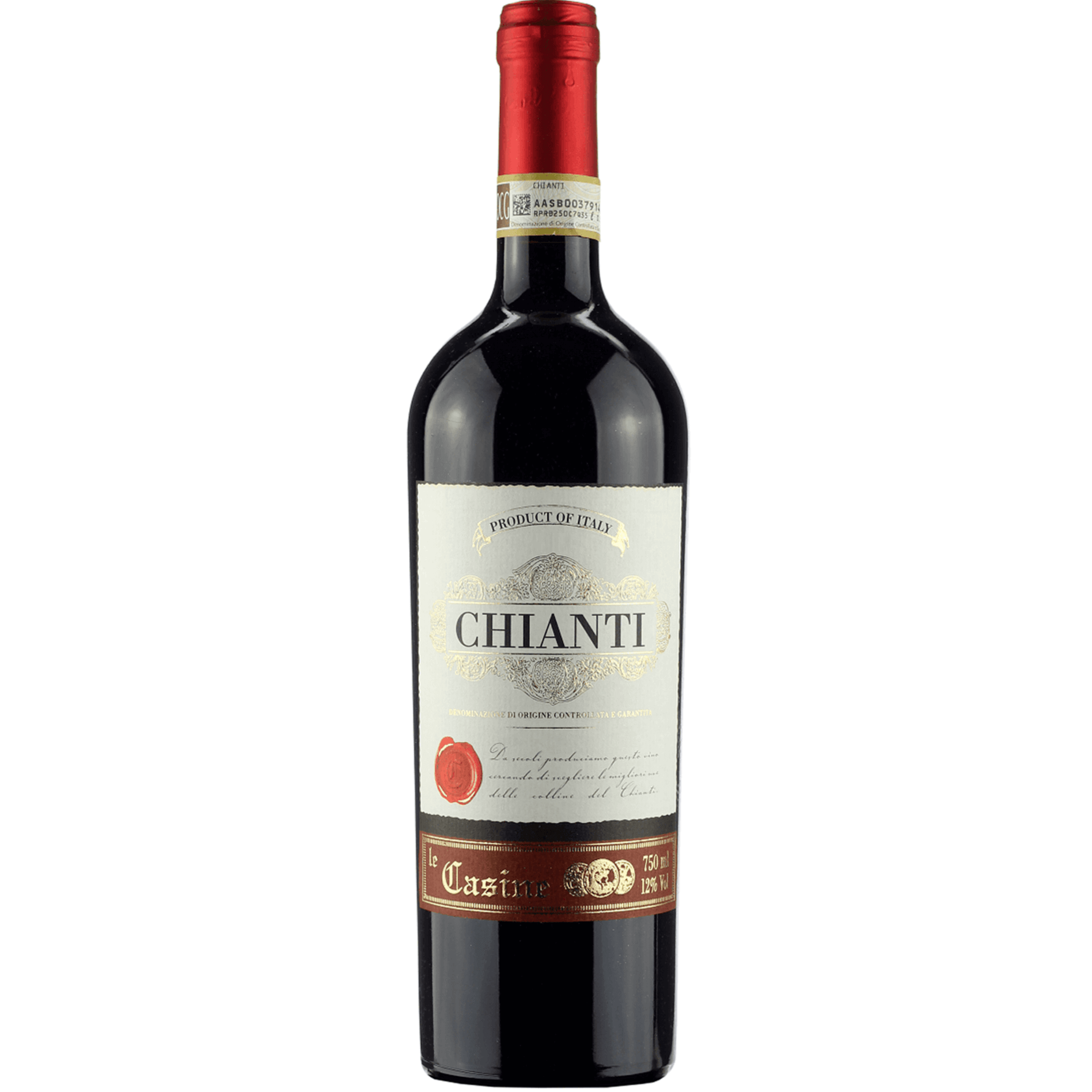 Bottle of Le Casine Chianti DOCG 750ml with red label and cork, a classic Tuscan red wine from Chianti, Tuscany, Italy