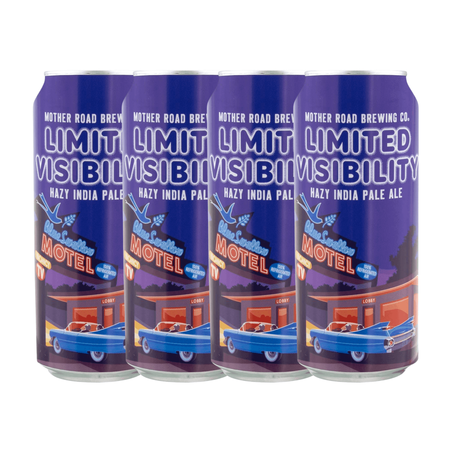 Four-pack of Mother Road Limited Visibility Hazy IPA 16oz cans with colorful artwork.