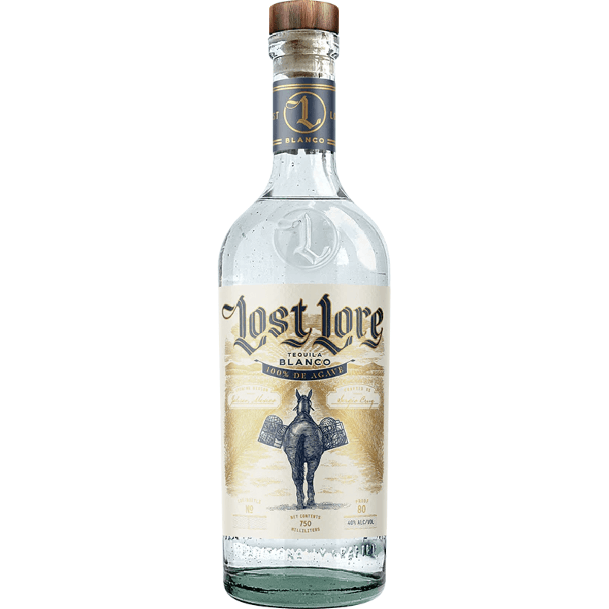 Lost Lore Tequila Blanco 750ml bottle, crafted in Arandas, Jalisco, featuring blue Weber agave and 40% ABV.