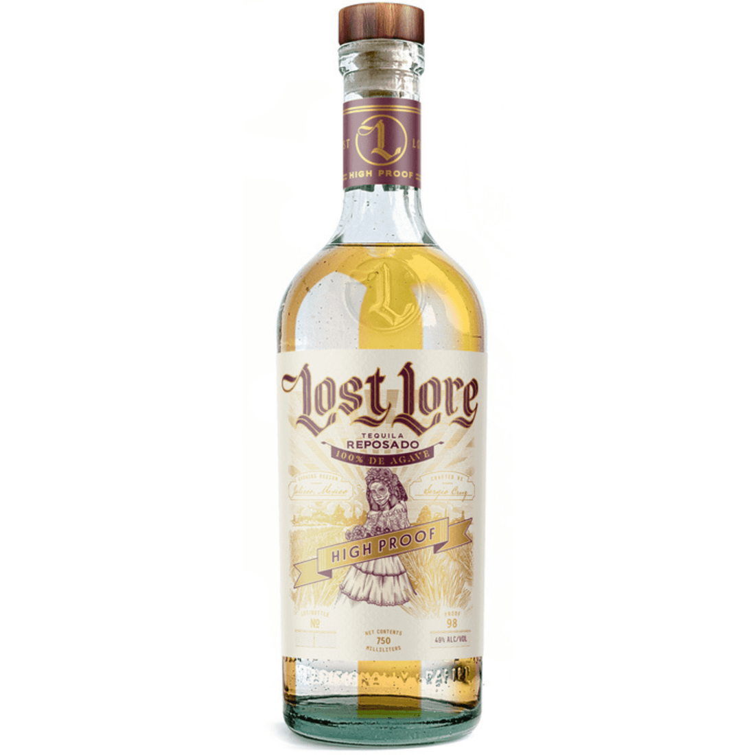 Bottle of Lost Lore High Proof Reposado 750ml tequila, aged up to 12 months, with 49% ABV, from Arandas, Jalisco, Mexico.