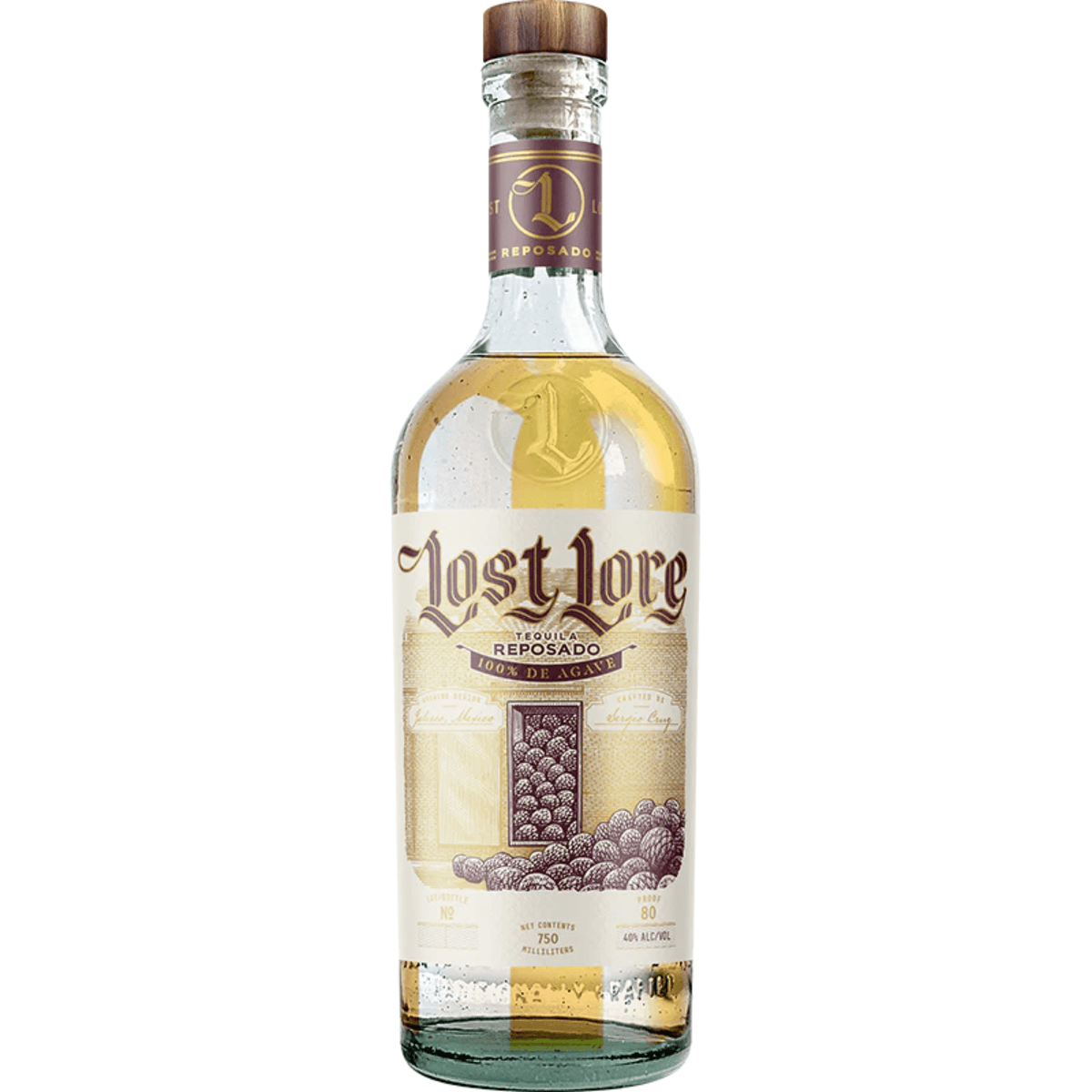 Lost Lore Reposado Tequila 750ml bottle with elegant label, aged in Arandas, Jalisco, showcasing traditional Mexican craftsmanship.