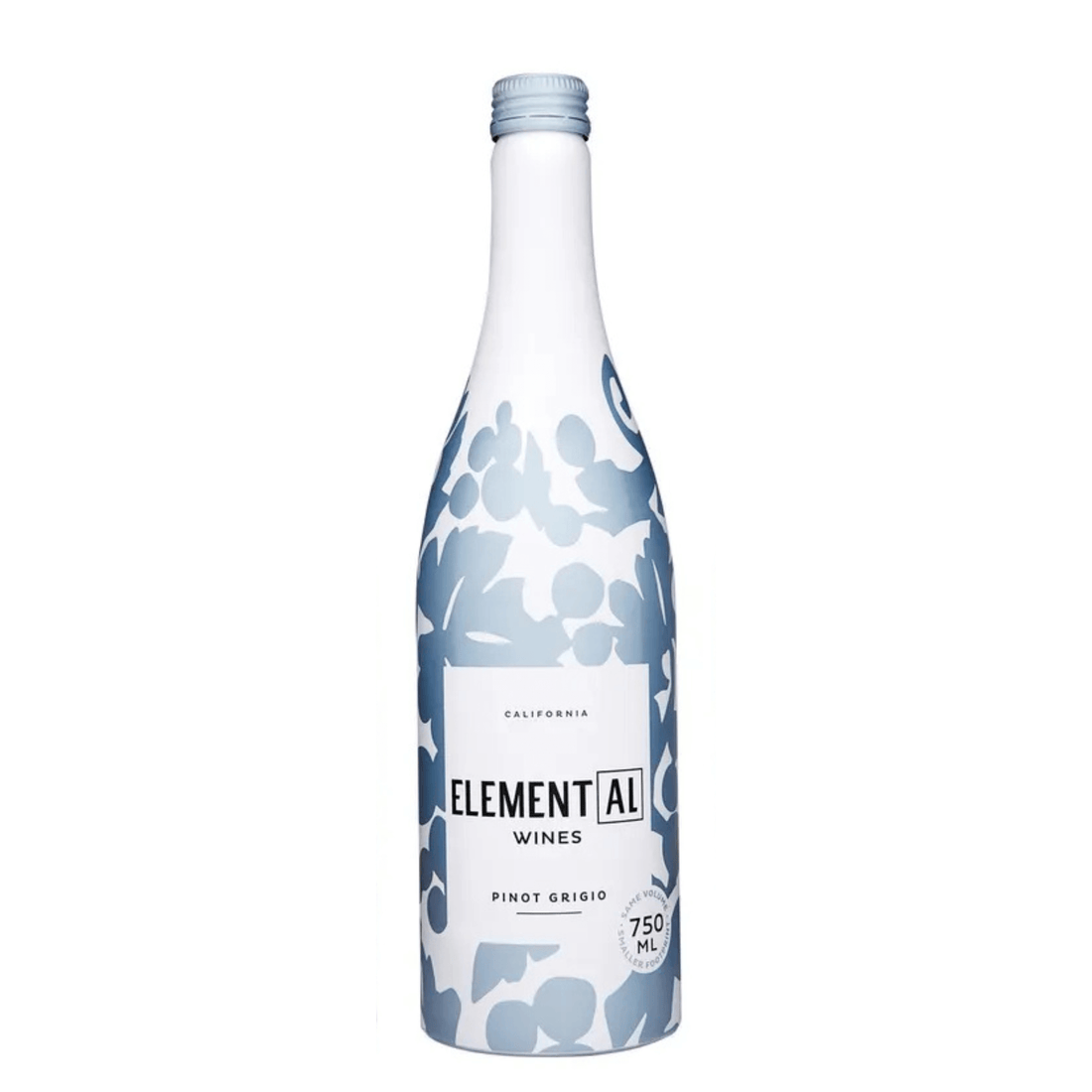 Elemental Pinot Grigio 750ml aluminum bottle with floral design, California wine with crisp acidity, eco-friendly packaging.