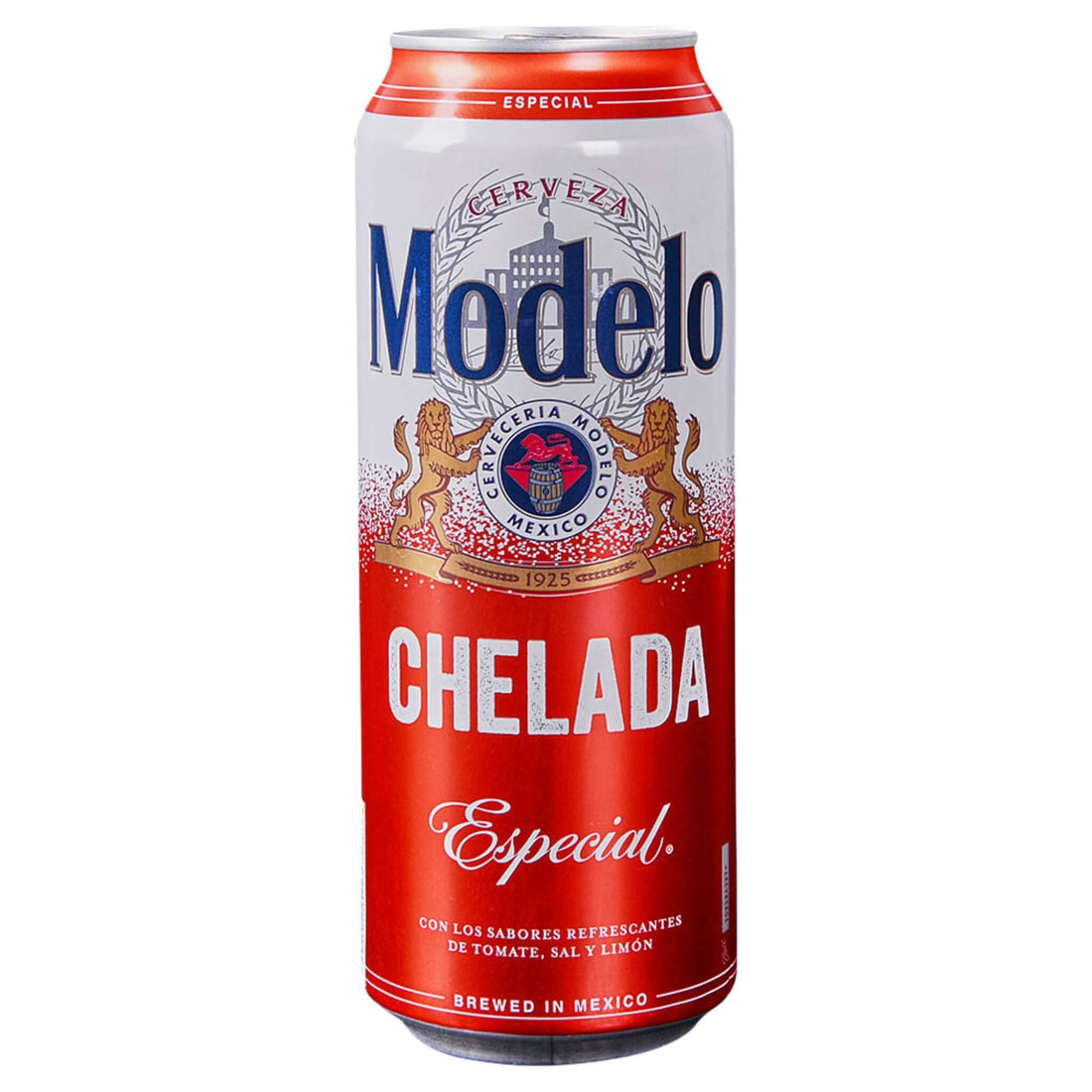 Modelo Chelada 24oz can featuring vibrant design with Mexican-style beer cocktail flavors of tomato, salt, and lime.