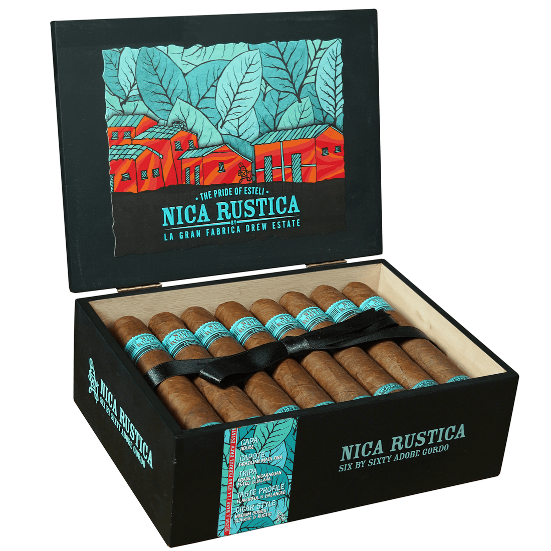 Open box of Nica Rustica Adobe Gordo cigars, 25 count, showcasing premium Ecuadorian Habano wrapper and vibrant packaging.