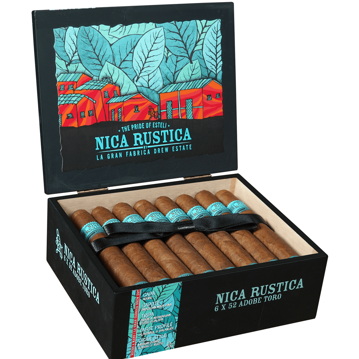Open Nica Rustica Adobe Toro 25ct Box by Drew Estate with Ecuadorian Habano wrapper and Nicaraguan filler.