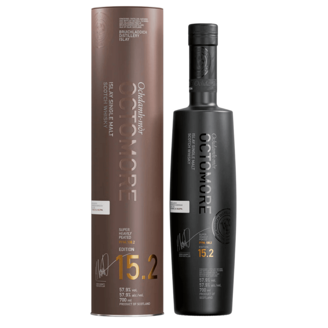 Bruichladdich Octomore 15.2 Single Malt Scotch Whisky 700mL bottle and packaging, 5-year-old Islay release, peated to 108.2 PPM.