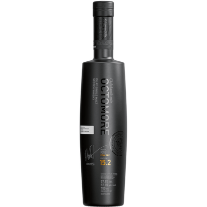 Bruichladdich Octomore 15.2 Single Malt Scotch Whisky, 700mL bottle, Islay, intensely peated, age 5 years, premium packaging.