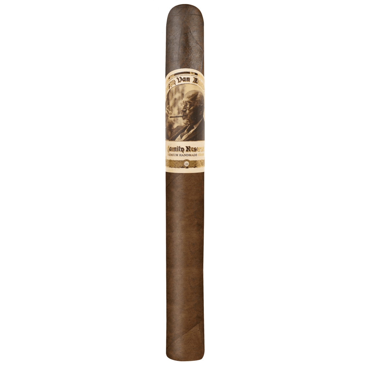 Drew Estate Pappy Van Winkle Churchill cigar with Ecuadorian Habano Oscuro wrapper, medium to full strength, rich flavor.