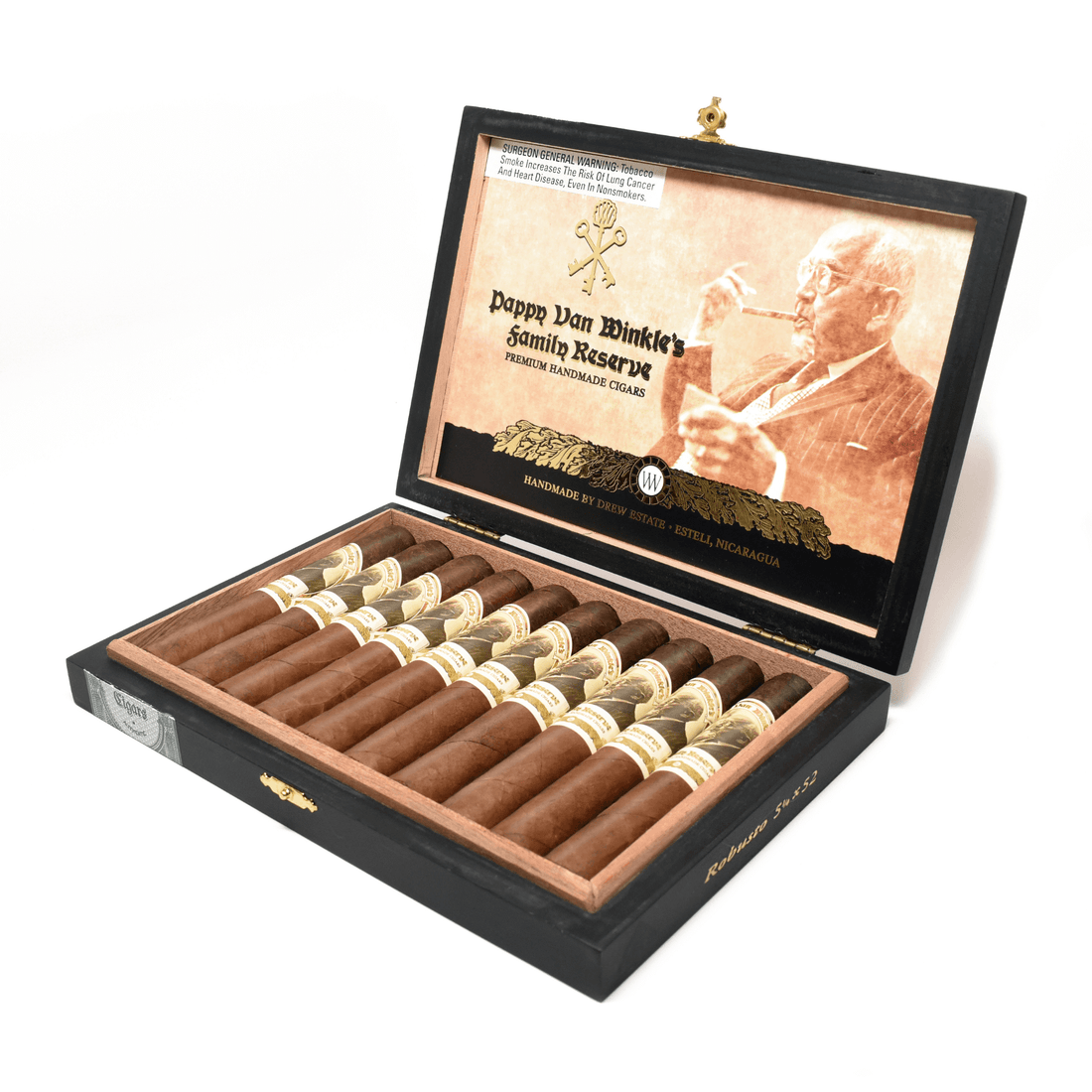 Open box of Drew Estate Pappy Van Winkle Robusto cigars, featuring premium Ecuadorian Habano Oscuro wrapper and aged fillers.