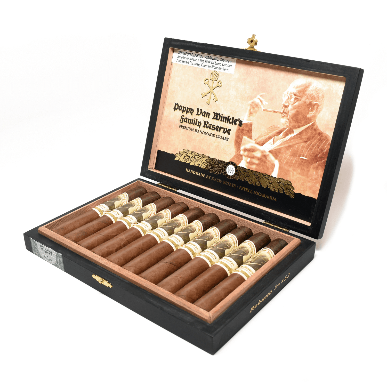 Open box of Drew Estate Pappy Van Winkle Robusto cigars, featuring premium Ecuadorian Habano Oscuro wrapper and aged fillers.
