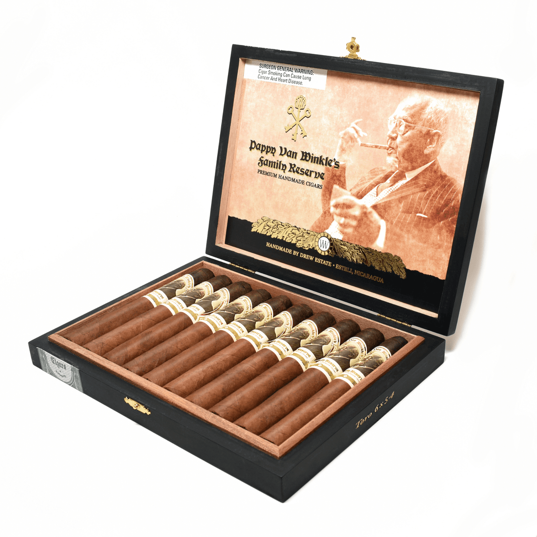 Drew Estate Pappy Van Winkle Toro cigars in open box, showing 10-count packaging, rich Ecuadorian Habano Oscuro wrapper.