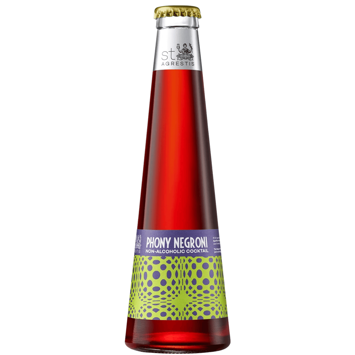 St. Agrestis Phony Negroni 200ml non-alcoholic cocktail bottle with vibrant label, crafted in Brooklyn from organic botanicals