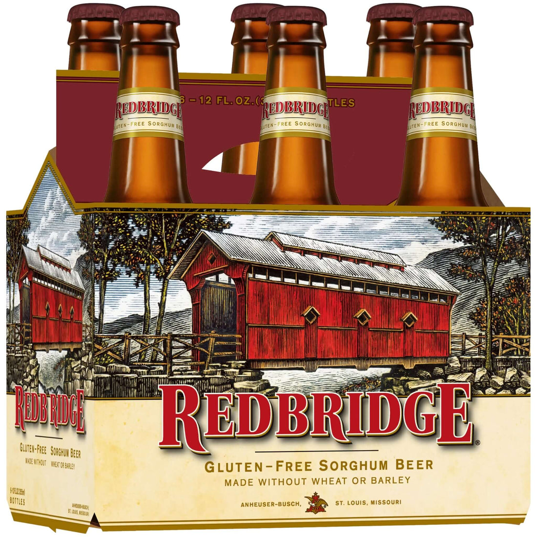 Redbridge Gluten-Free Lager 6 Pack of 12oz Bottles showcasing rustic packaging from Anheuser-Busch, made in St. Louis, Missouri.