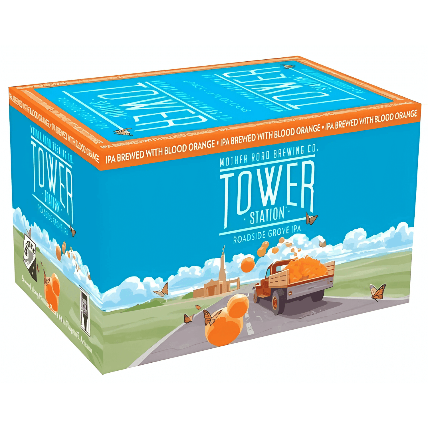 Mother Road Roadside Grove 6-pack of 12oz cans with vibrant orange and citrus-themed packaging from Flagstaff, Arizona.