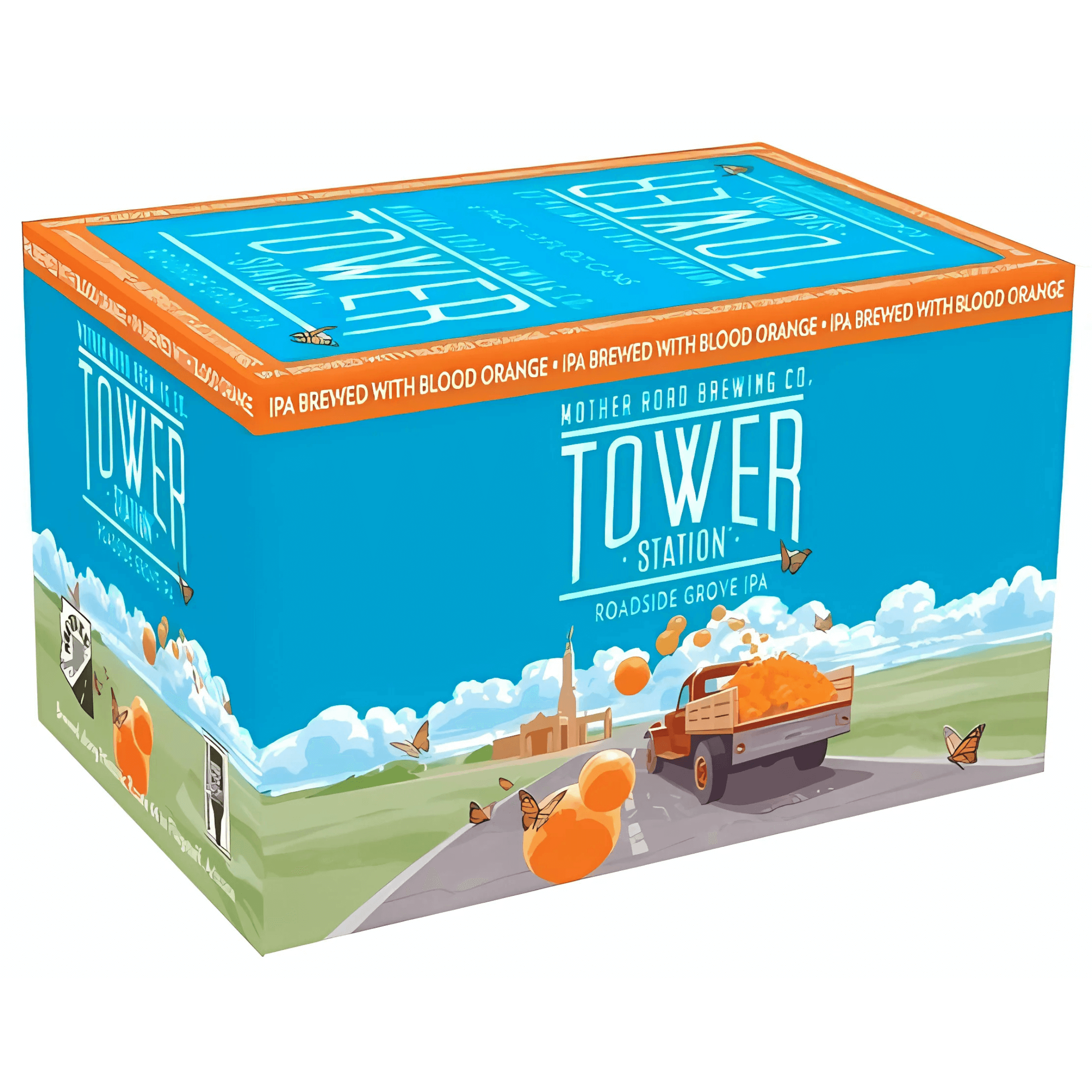Mother Road Roadside Grove 6-pack of 12oz cans with vibrant orange and citrus-themed packaging from Flagstaff, Arizona.