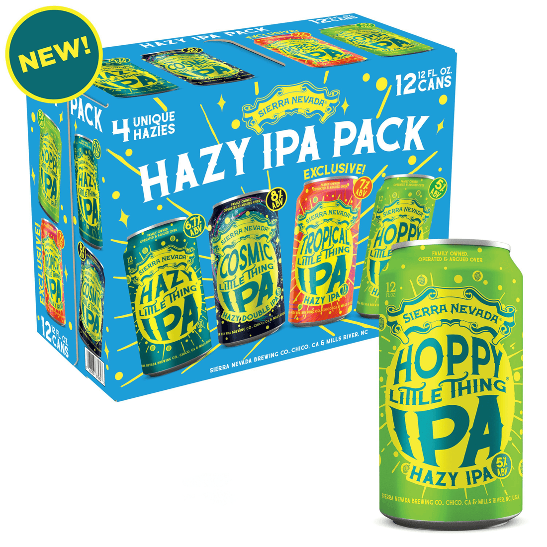 Sierra Nevada Hazy IPA Mix Pack 12oz cans, featuring Hoppy Little Thing, Cosmic Little Thing, and Tropical Little Thing IPAs.