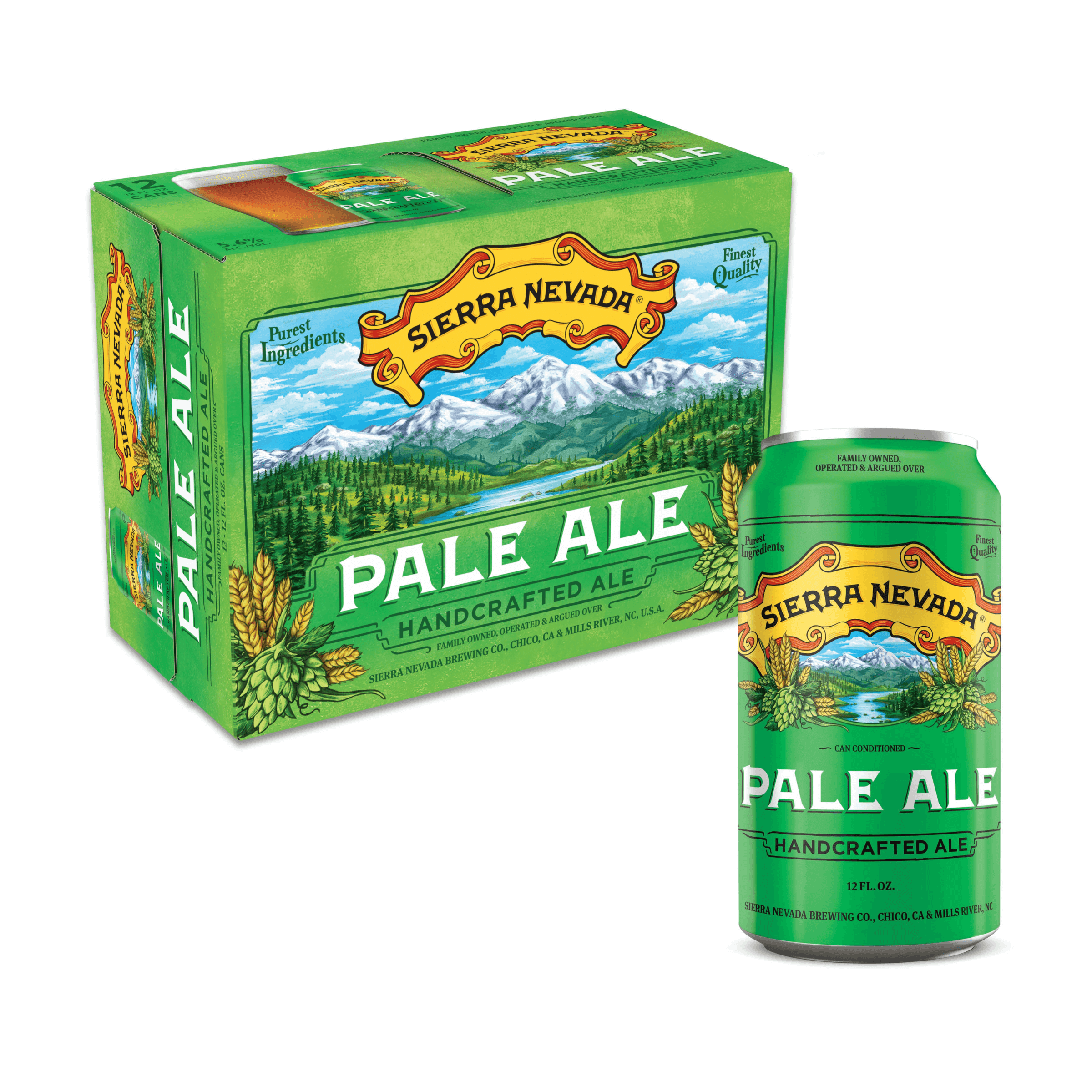 Sierra Nevada Pale Ale 12 Pack of 12oz cans featuring green packaging with mountain imagery.