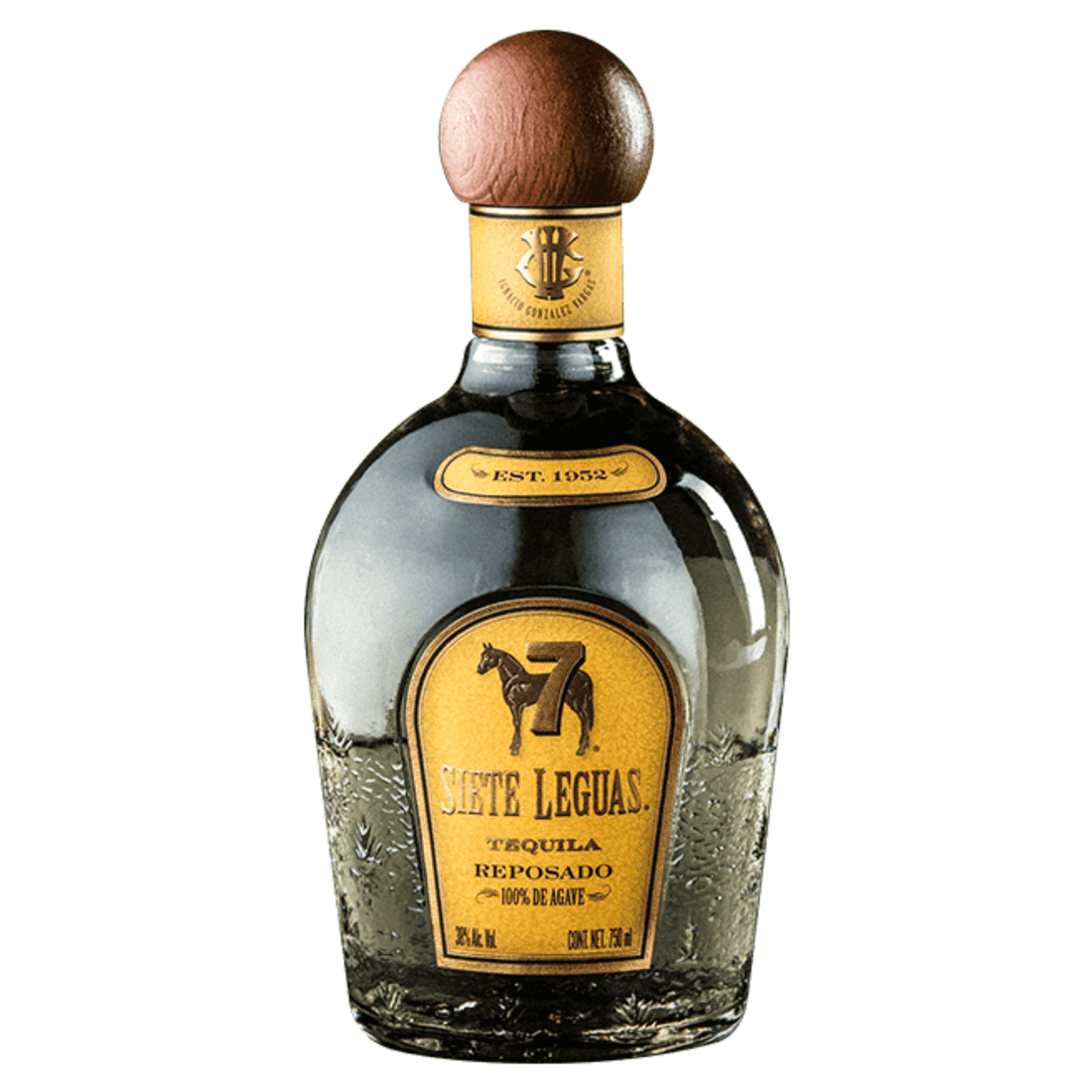 Siete Leguas Reposado Tequila 750ml bottle with a horse logo and wooden cap, aged 8 months in white oak, from Jalisco, Mexico.