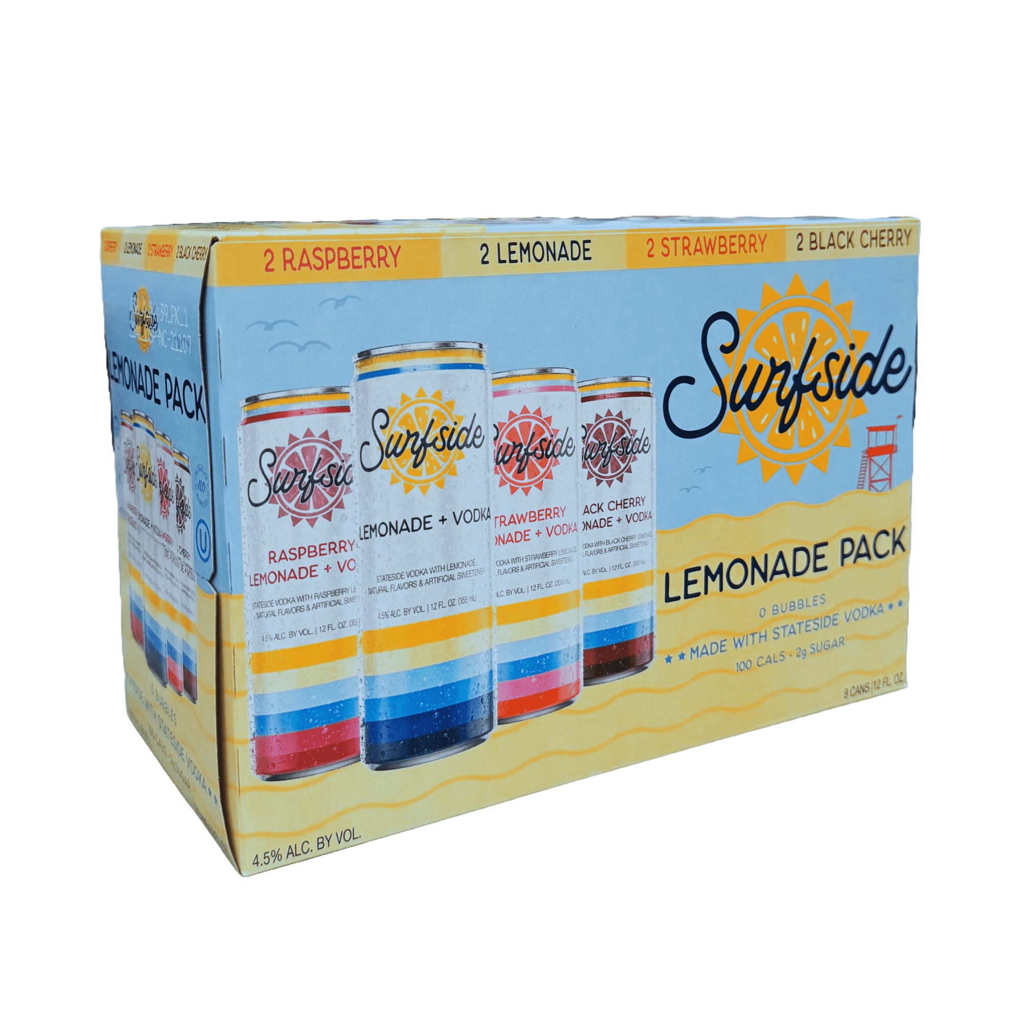 Surfside Lemonade Variety Pack, 8 Pack of 12oz Cans, featuring Raspberry, Lemonade, Strawberry, and Black Cherry flavors. ABV 4.5%.