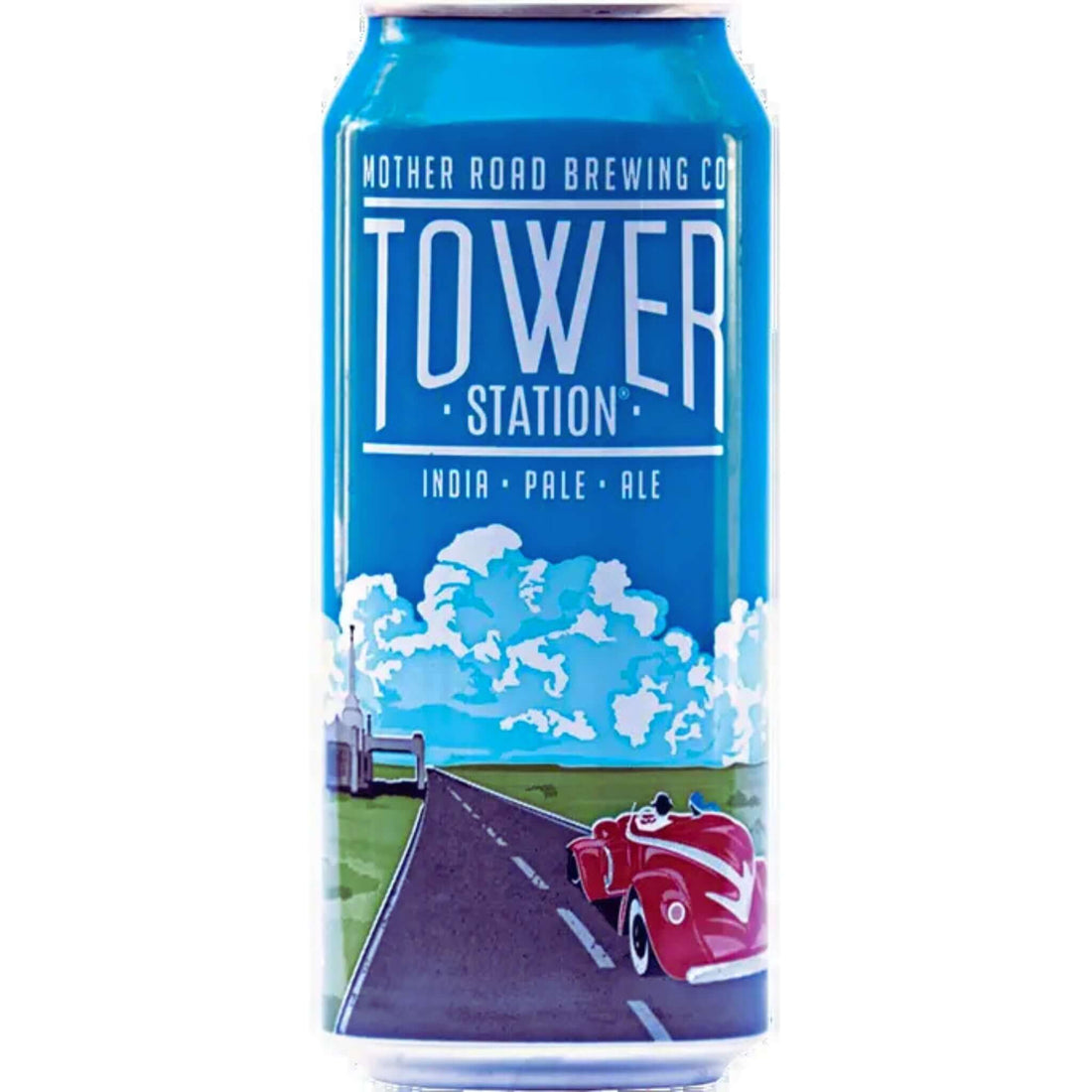 Mother Road Tower Station IPA 19.2oz can with vibrant artwork featuring a road with car and clouds, American IPA from Flagstaff.