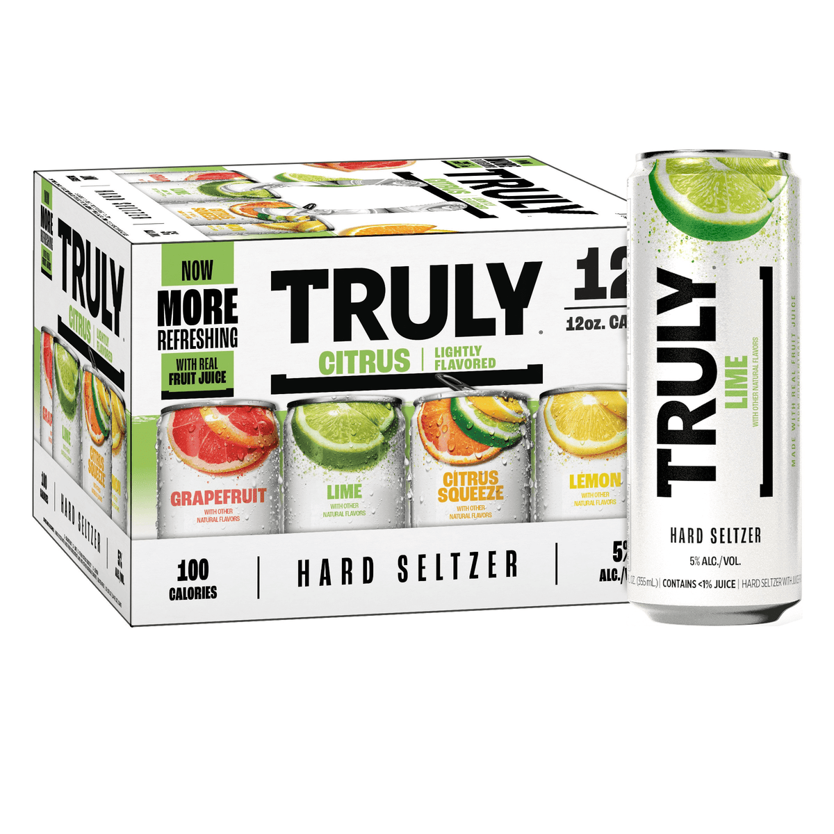 Truly Citrus Mix 12 Pack of 12oz hard seltzer cans featuring grapefruit, lime, citrus squeeze, and lemon flavors, 5% ABV.