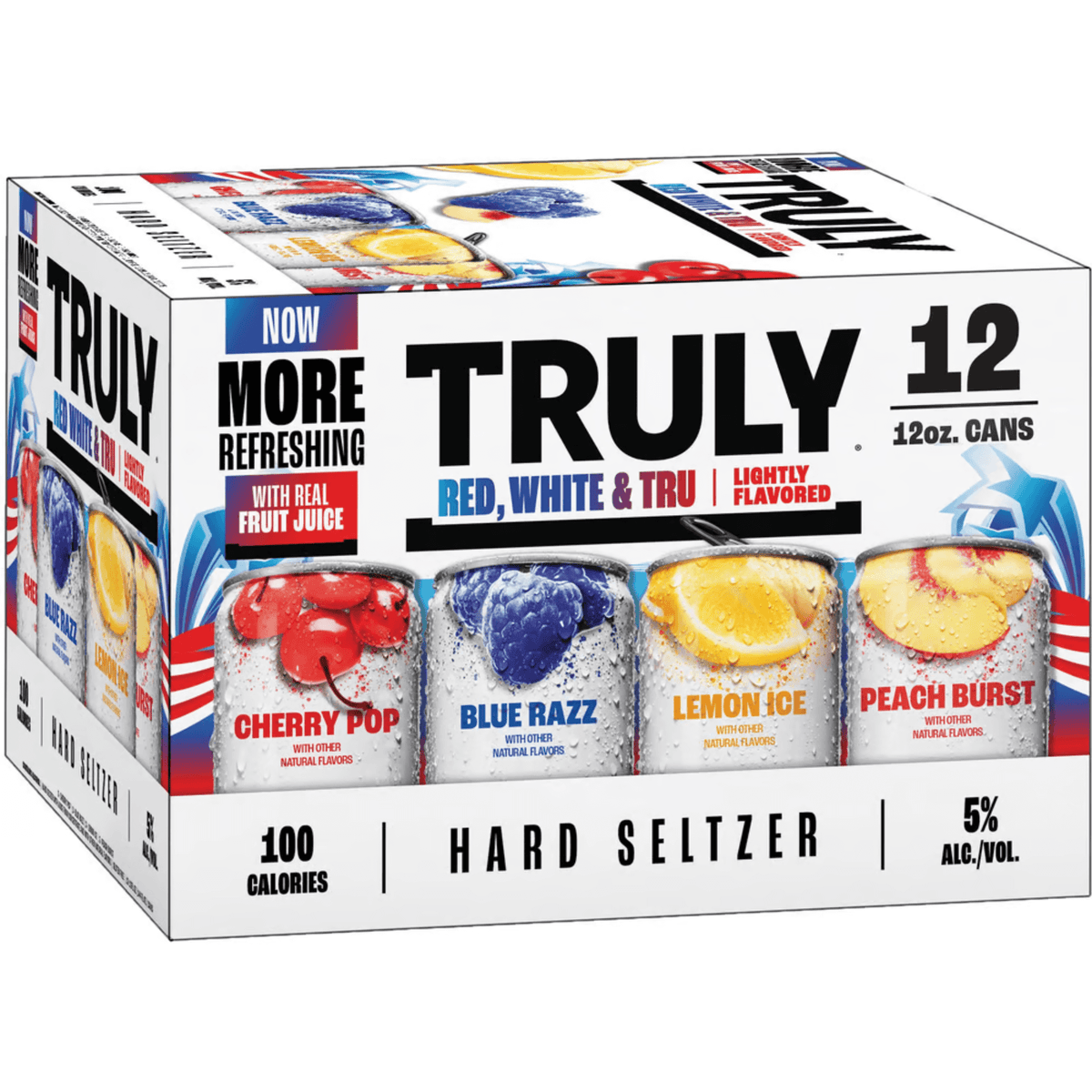 Truly Hard Seltzer Red, White &amp; Tru 12 Pack featuring Cherry Pop, Blue Razz, Lemon Ice, Peach Burst flavors in 12oz cans.