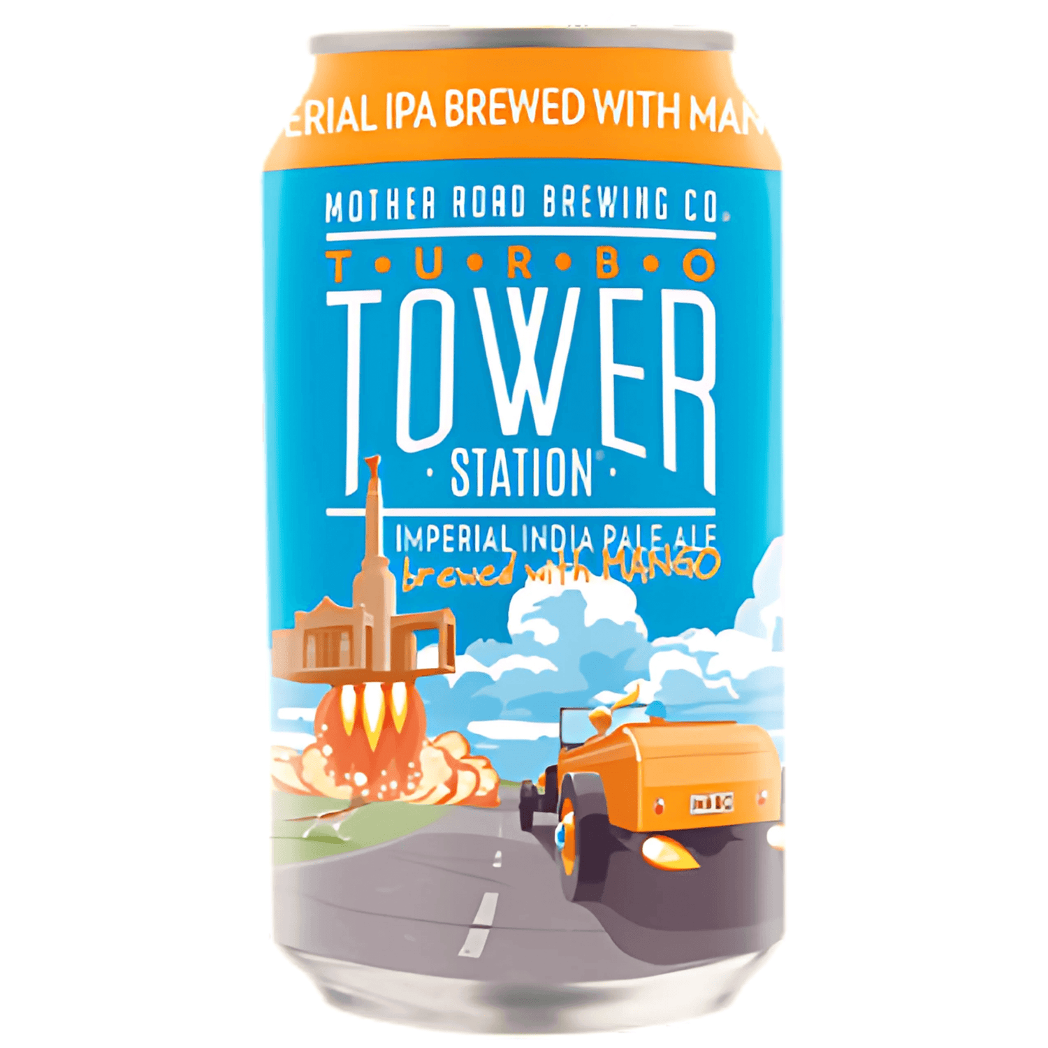Mother Road Brewing Turbo Tower Station IPA can featuring bold graphics of a tower and truck, Flagstaff, Arizona, Imperial IPA, 12oz.