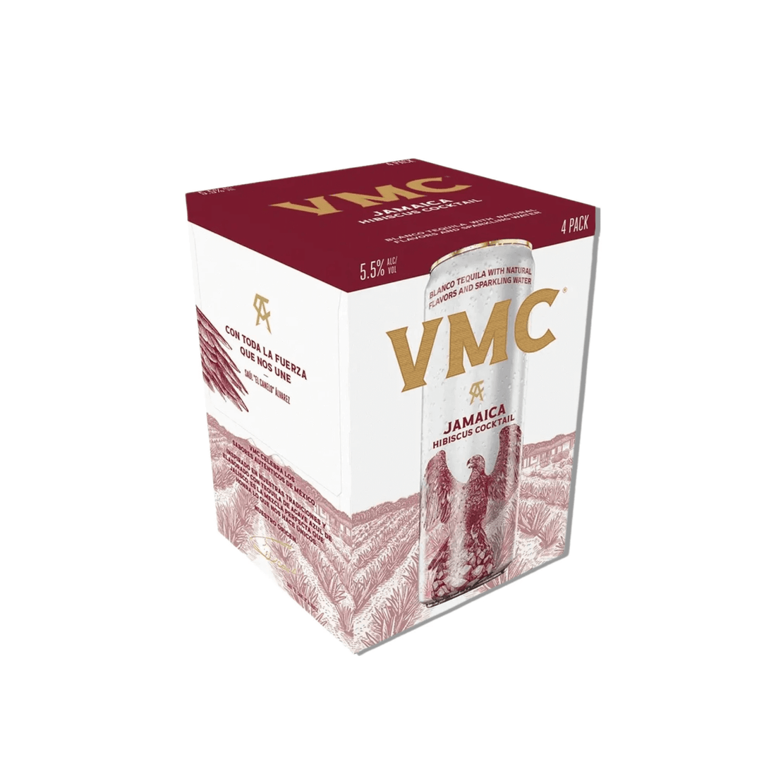 VMC Jamaica Hibiscus Tequila Cocktail 4 Pack, 12oz Cans, vibrant floral drink with 5.5% ABV, refreshing tart and citrus flavor.