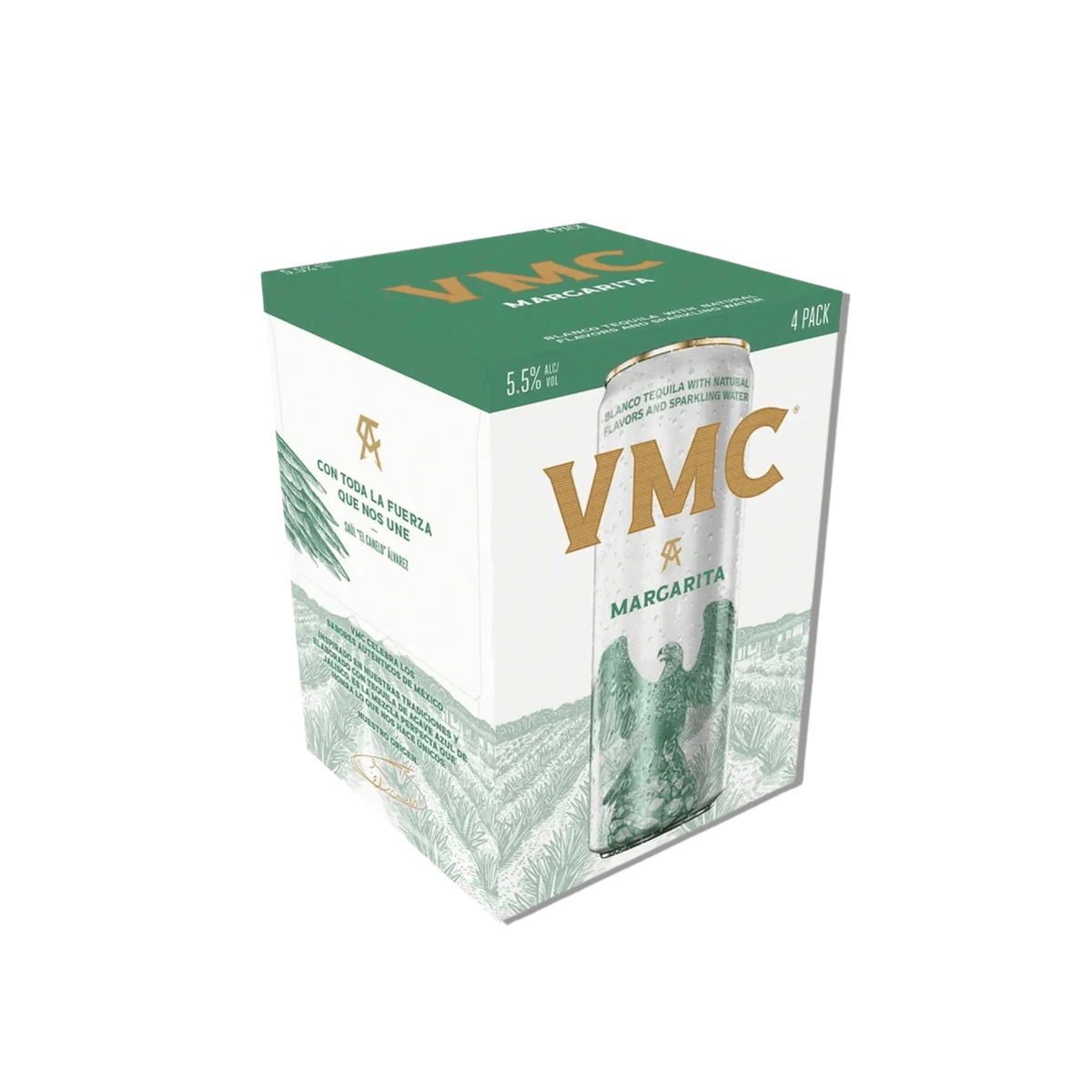 VMC Margarita 4 Pack, 12oz cans, ready-to-drink cocktail, Mexico, 5.5% ABV, zesty lime flavor with agave tequila in eco-friendly packaging.