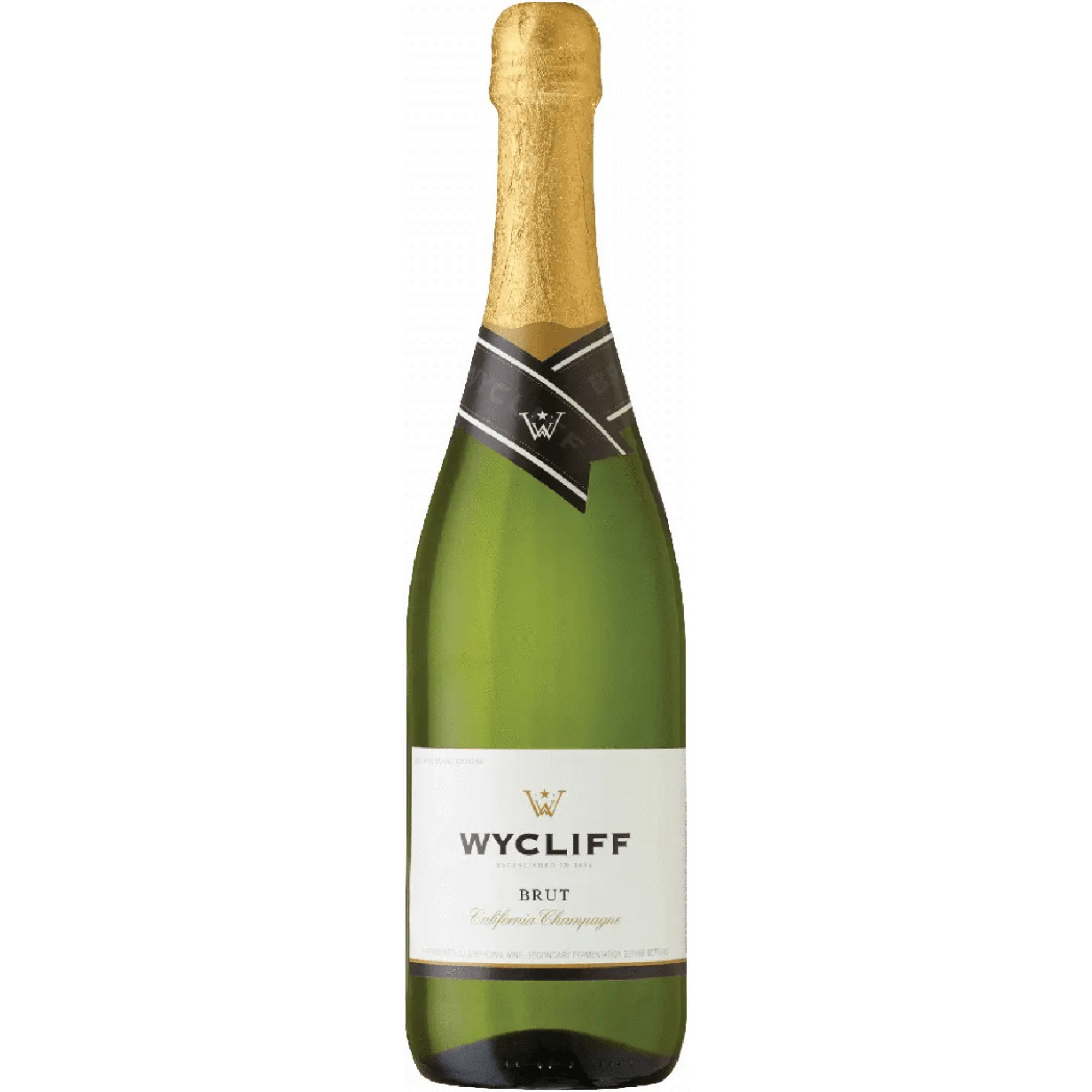 Wycliff Brut California Champagne 750ml bottle with gold foil, sparkling wine with 10.5% ABV, showcasing its elegant design.